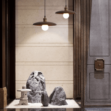 Load image into Gallery viewer, Two Oriental Wood Disc Lights hanging from ceiling
