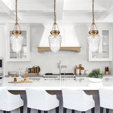 Load image into Gallery viewer, Three brass Kitchen Island Pendant Lights hanging above white kitchen countertop

