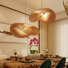 Load image into Gallery viewer, Two Asian Bamboo Pendant Lights above dining room table
