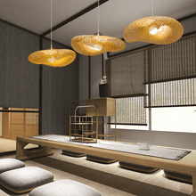 Load image into Gallery viewer, Three Asian Bamboo Pendant Lights above dining room table
