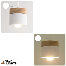 Load image into Gallery viewer, White Nordic Wooden Hanging Ceiling Lamp with light on
