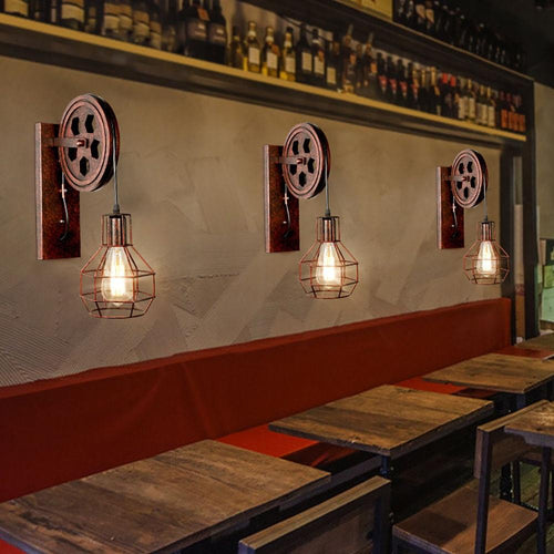 Vintage Rusted Wall Lights above restaurant tables