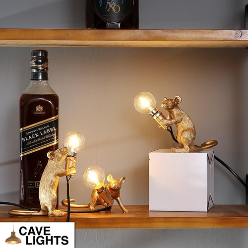 Exposed Bulb Mouse Lights on wall shelf