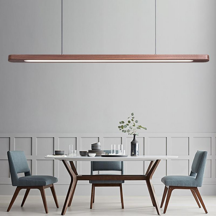 Nordic Wood Strip LED Ceiling Light above dining room table