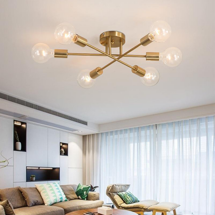 Modern Exposed Chandelier above coffee table in living room