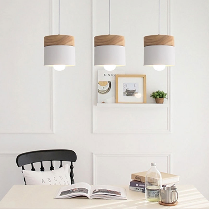 White Nordic Wooden Hanging Ceiling Lamps above kitchen table