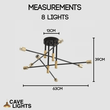 Load image into Gallery viewer, Black &amp; Gold LED Chandelier 8 lights measurements
