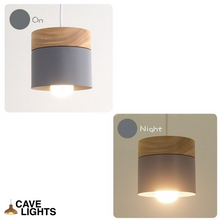 Load image into Gallery viewer, Grey Nordic Wooden Hanging Ceiling Lamp with light on
