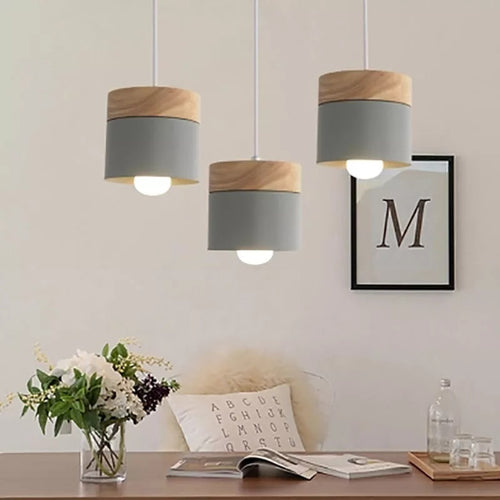 Grey Nordic Wooden Hanging Ceiling Lamps above living room table