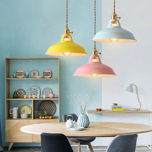 Industrial Coloured Pendant Lights above living room table