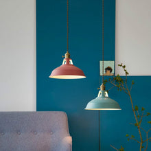 Load image into Gallery viewer, Industrial Coloured Pendant Lights above sofa in living room

