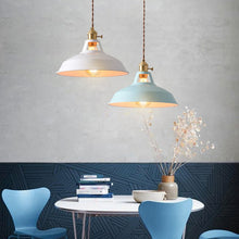 Load image into Gallery viewer, Industrial Coloured Pendant Lights above coffee table in living room
