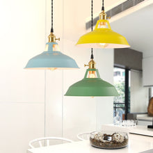 Load image into Gallery viewer, Industrial Coloured Pendant Lights above kitchen table

